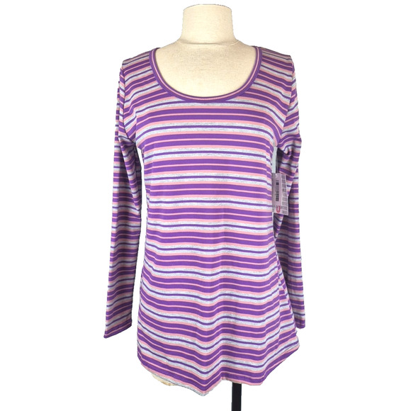 LuLaRoe Lynnae Shirt Women Small Pink Purple Striped Scoop Neck High Low Hem New - Picture 1 of 13